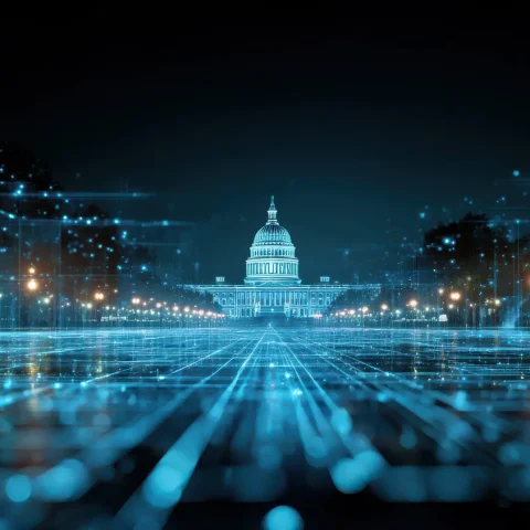 Futuristic digital visualization of the United States Capitol building at night with glowing blue data grid and circuit lines representing government technology and cybersecurity