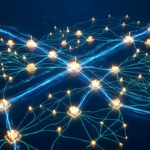 Digital visualization of interconnected global energy network nodes glowing on futuristic world map